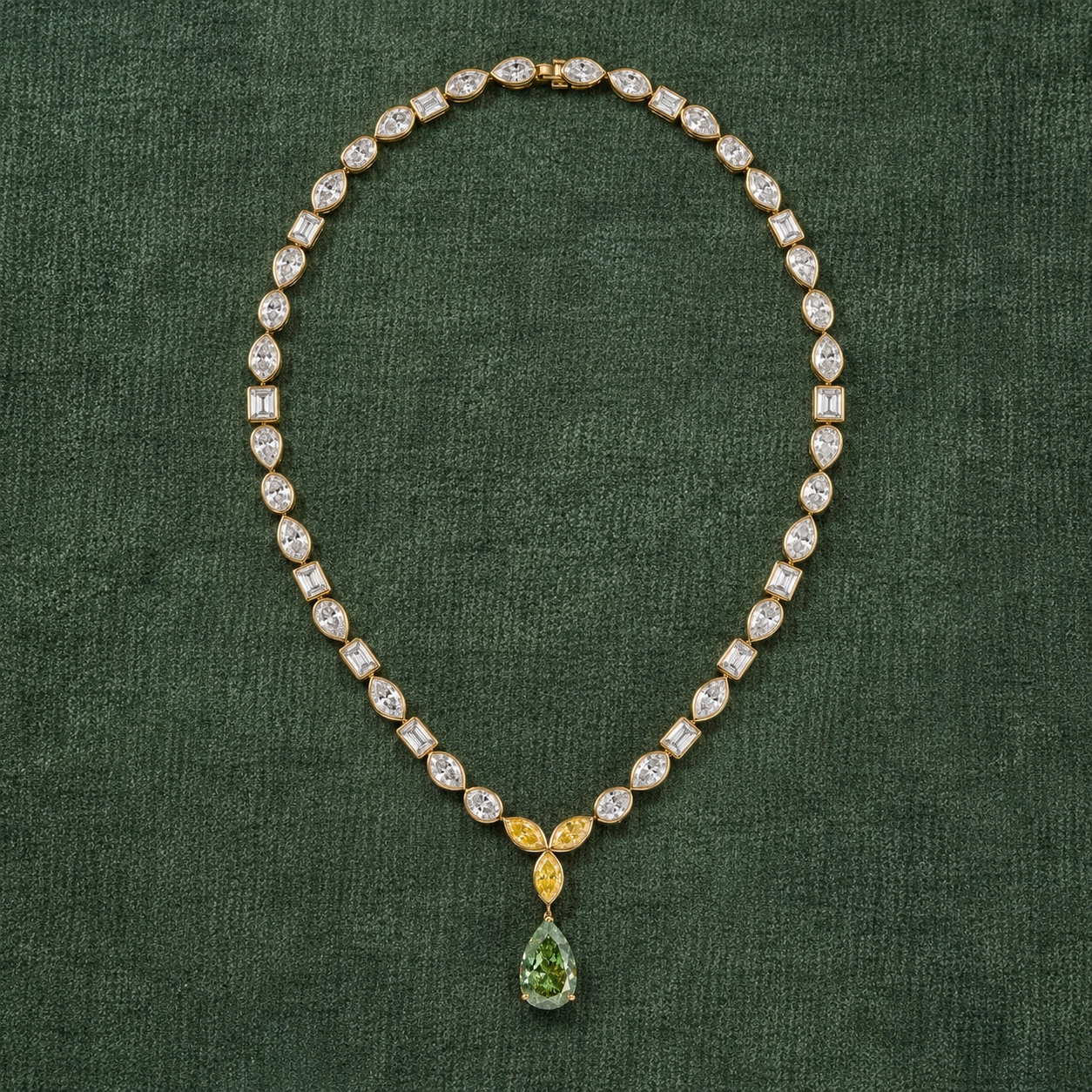Desert Rose White, Green and Yellow Diamond Pear Drop Bezel Lariat Necklace