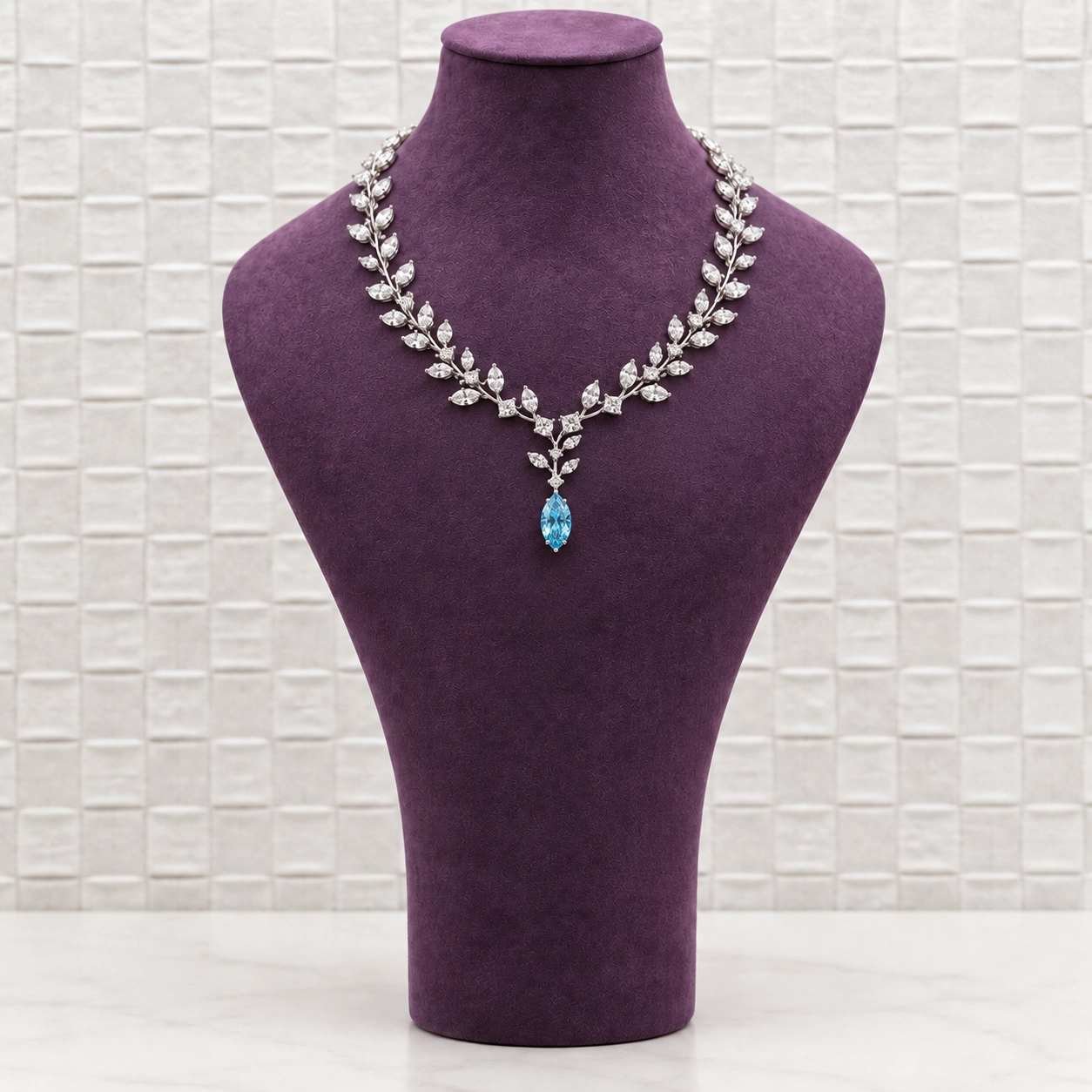 Marquise Diamond Leaf Necklace with Blue Gemstone Drop
