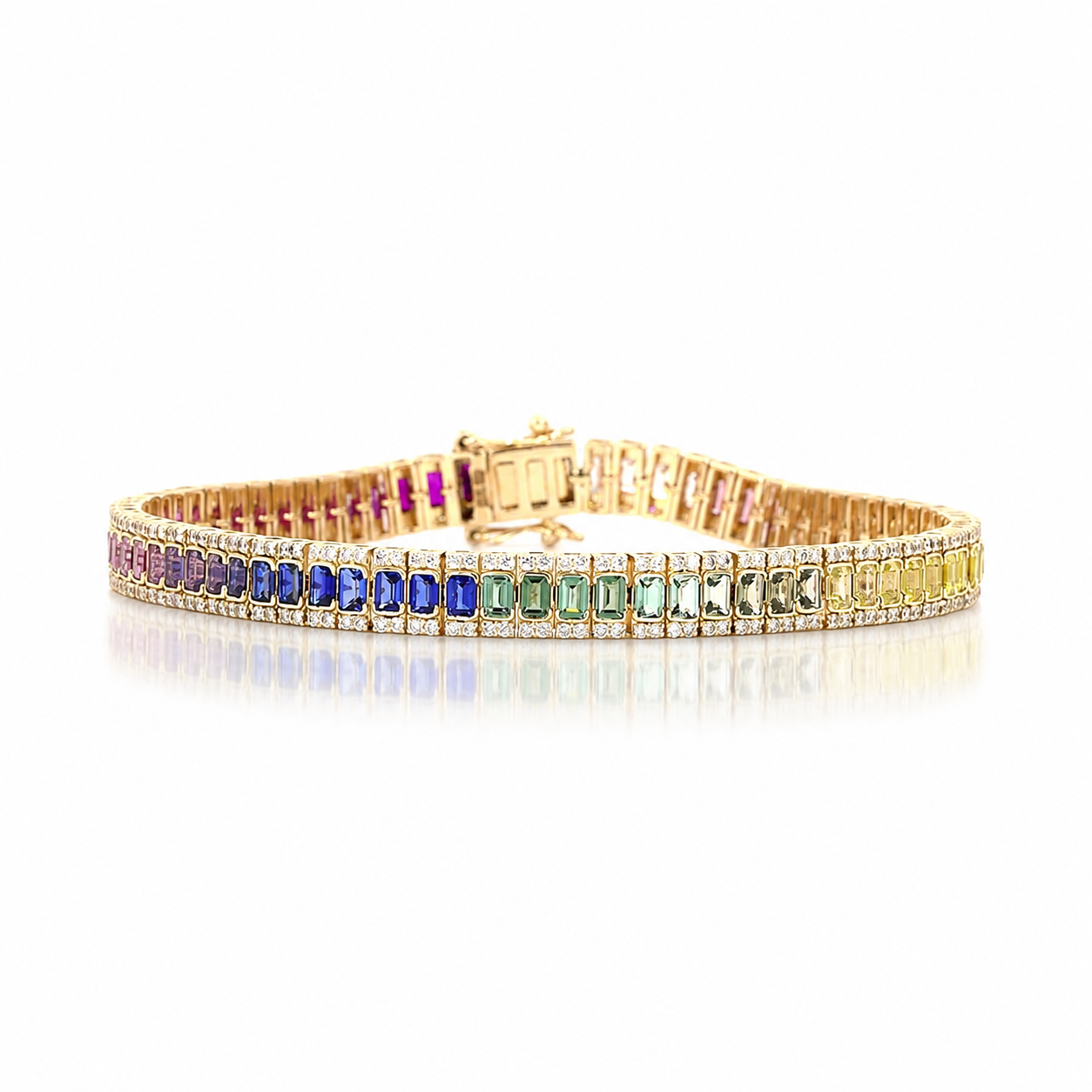 Rainbow Sapphire Emerald Cut Tennis Bracelet in Yellow Gold