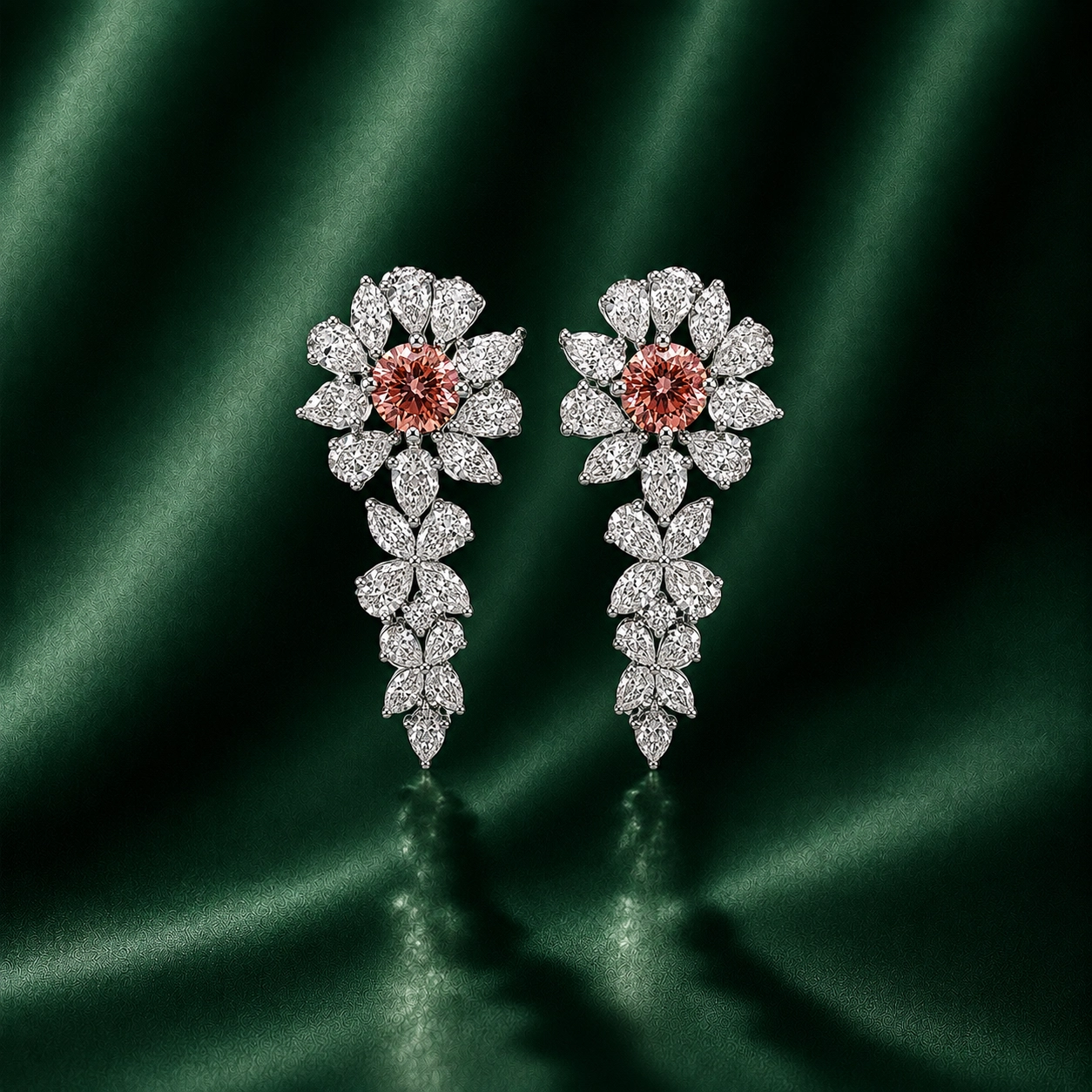 Camelia Pink Diamond Center Cluster Flower Drop Earrings