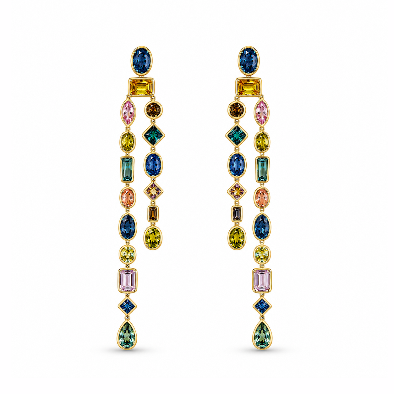 Multi-Color Gemstone Double-Strand Drop Earrings