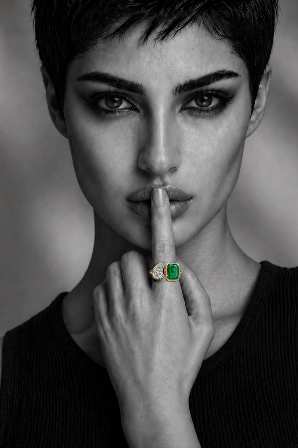 Toi et Moi Green Emerald Bezel and Pear Prong Ring