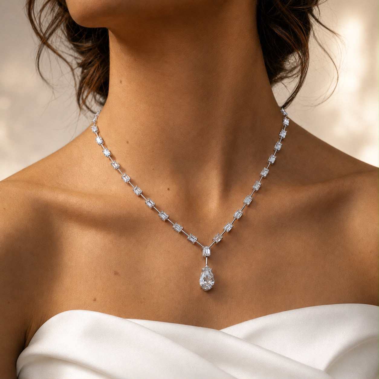 La Donna Emerald Cut Diamond Station Necklace with Pear Shape Drop