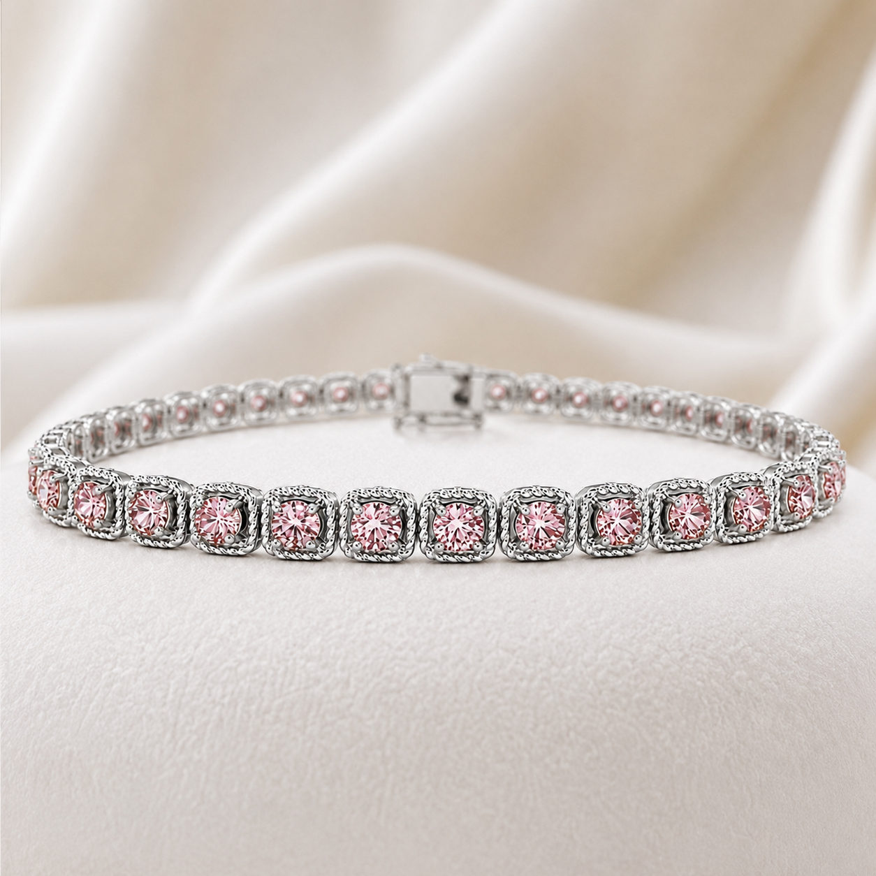 Pink Diamonds Cushion Milgrain Tennis Bracelet
