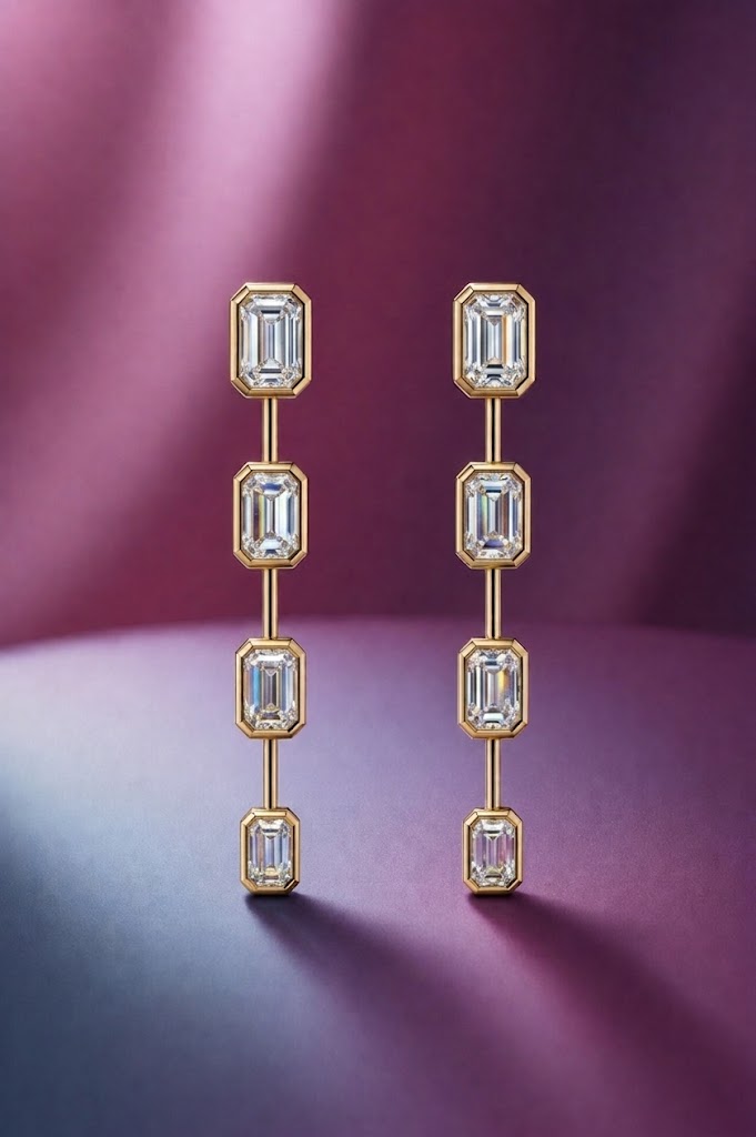 Bezel-Set Emerald-Cut Diamond Drop Earrings