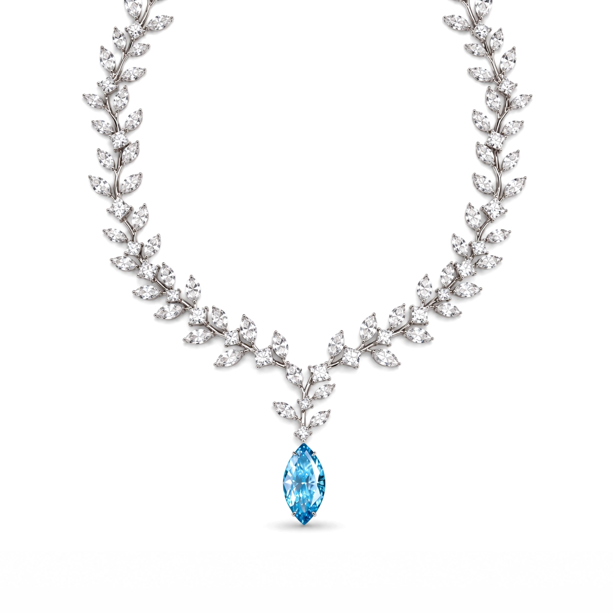 Marquise Diamond Leaf Necklace with Blue Gemstone Drop
