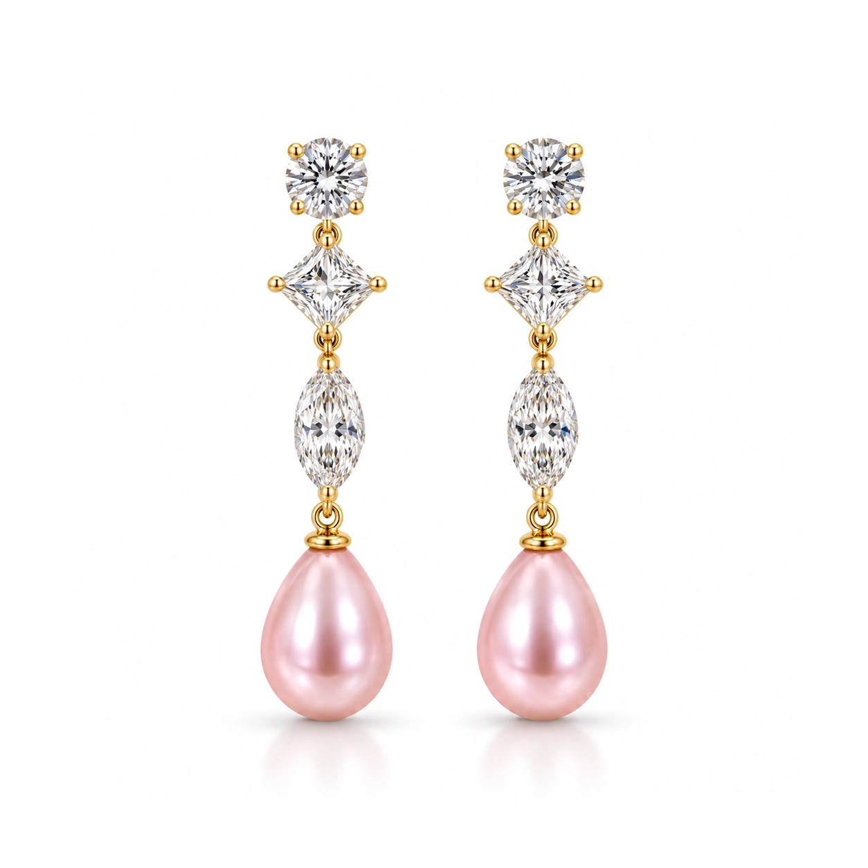 Pink Pearl and Multi Shape Diamond Drop Earrings in Yellow Gold