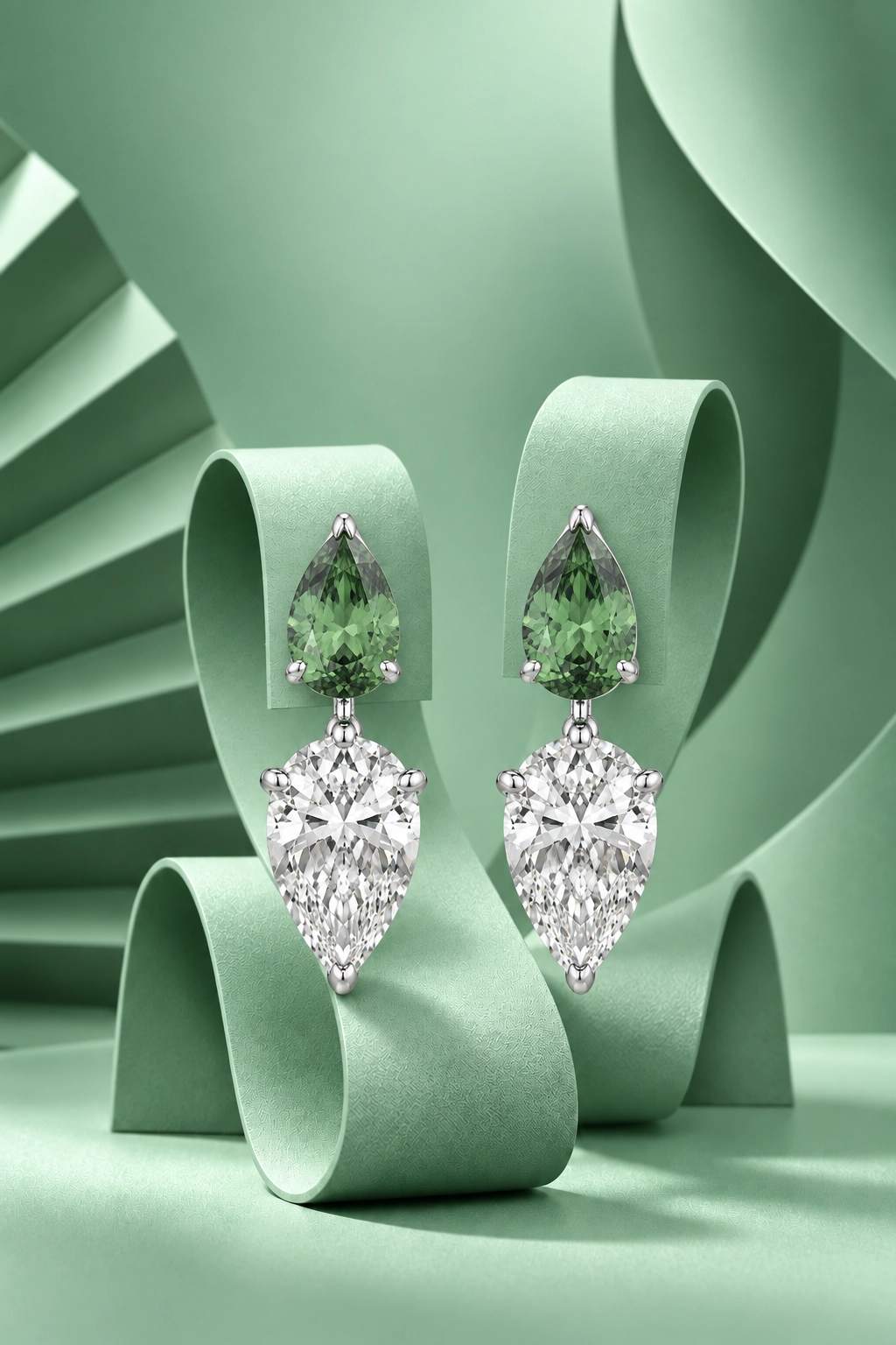 Emerald and Pear-Shaped Diamond Drop Earrings