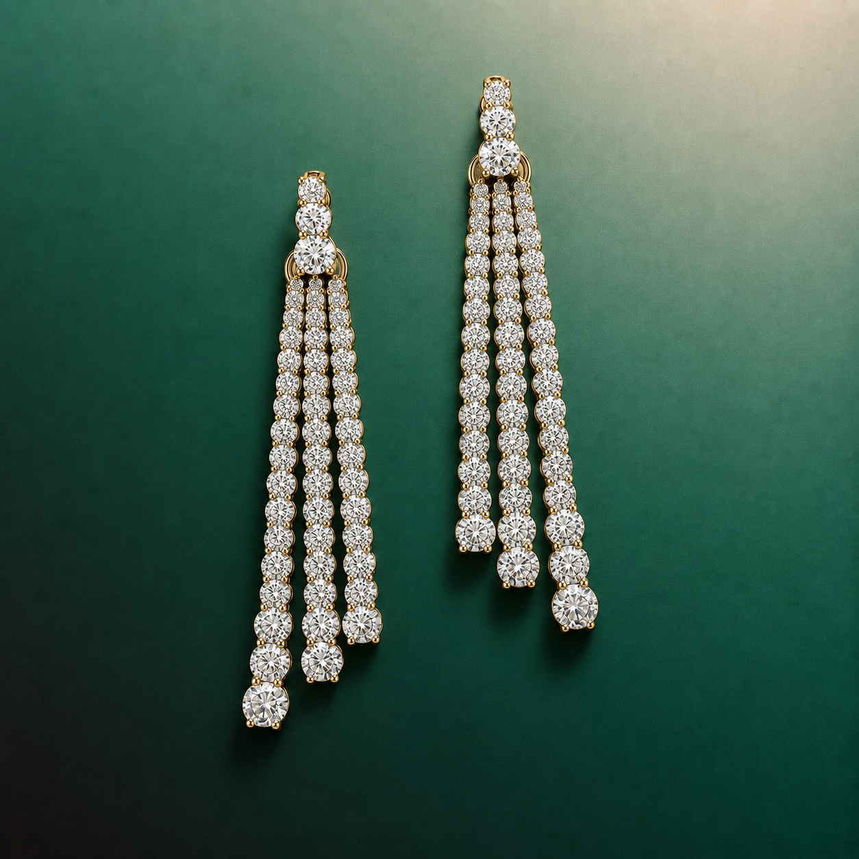 Triple Row Diamond Fringe Drop Earrings in Yellow Gold