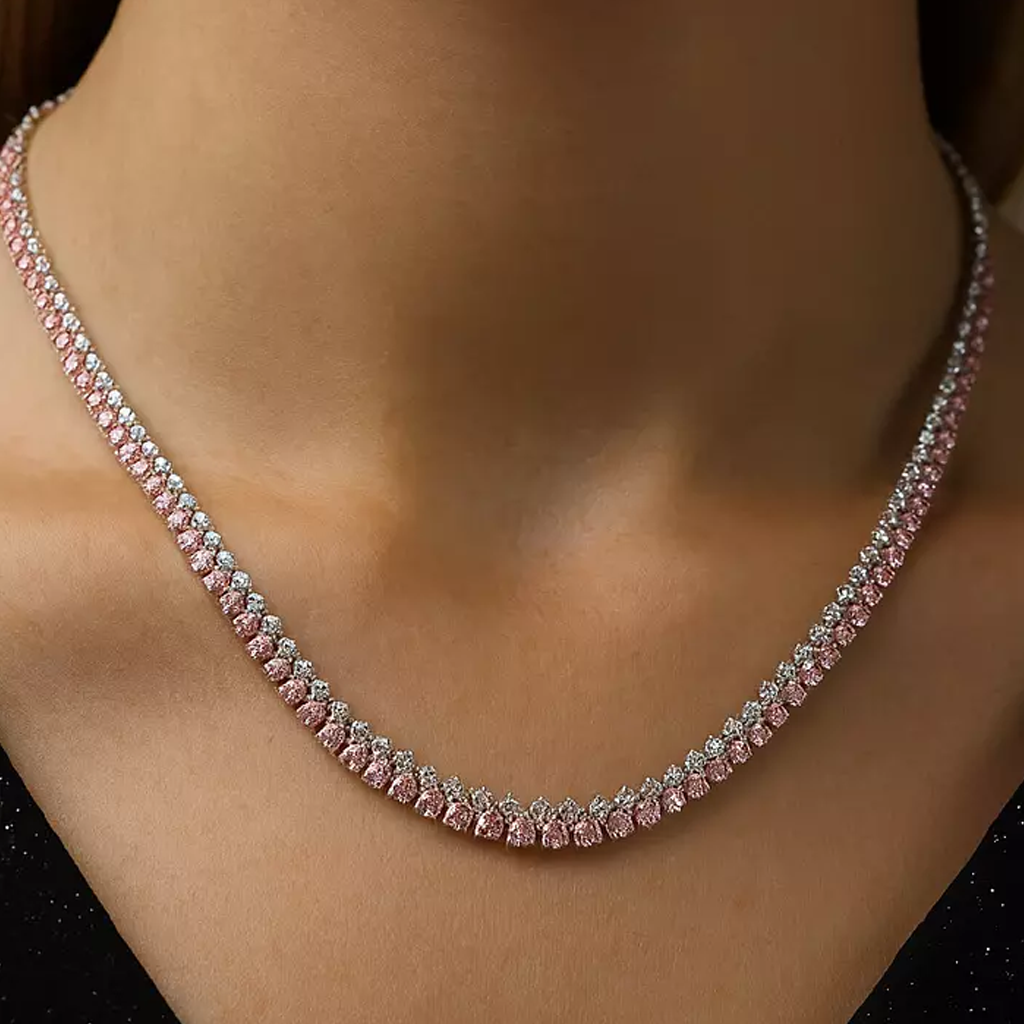 Pink and White Diamonds Double Row Tennis Necklace