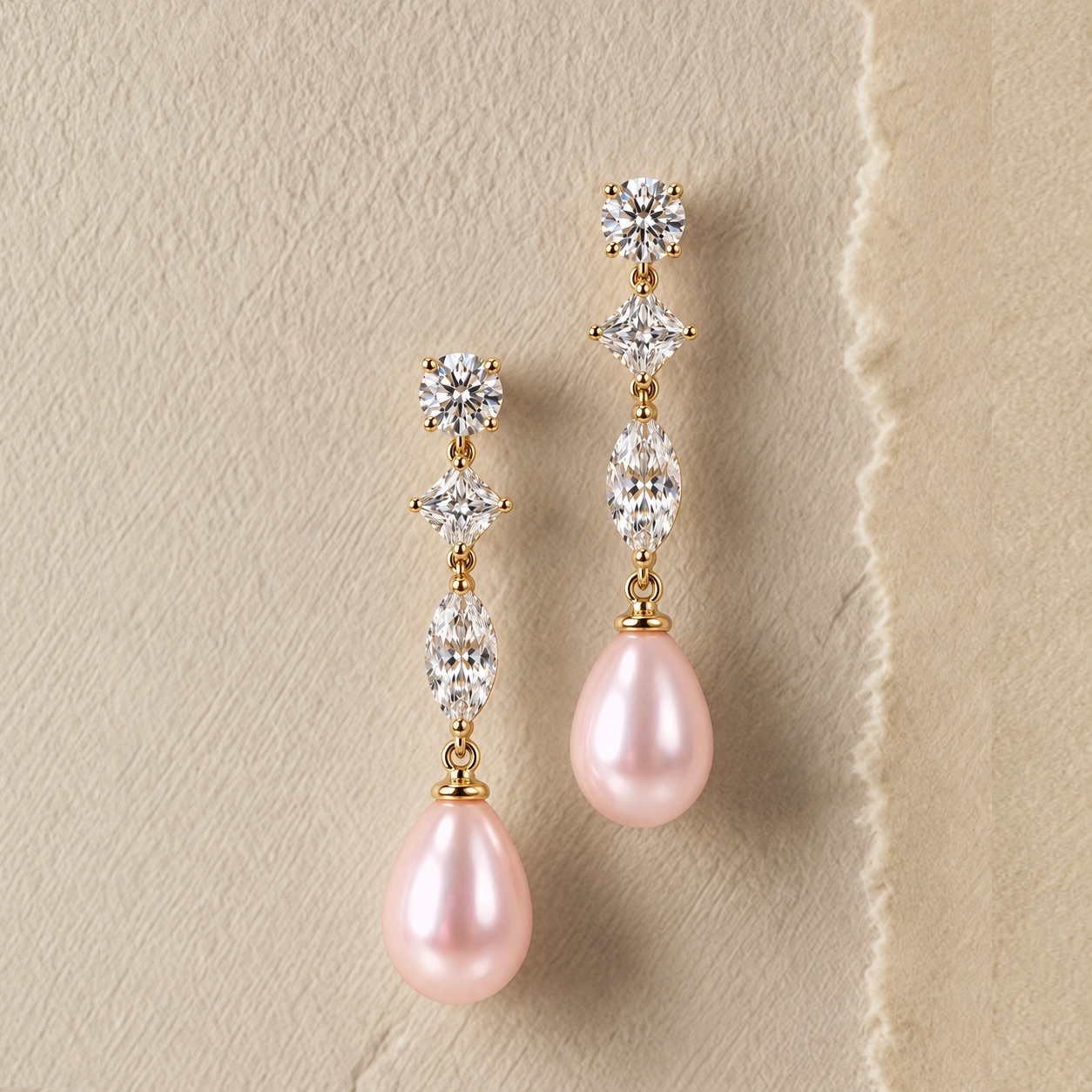 Pink Pearl and Multi Shape Diamond Drop Earrings in Yellow Gold