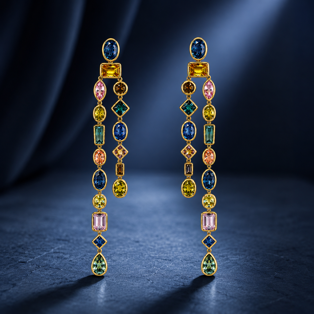 Multi-Color Gemstone Double-Strand Drop Earrings