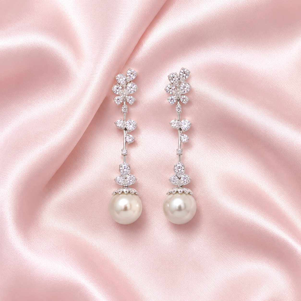 Diamond and Pearls Cascading Flowers Drop Earrings