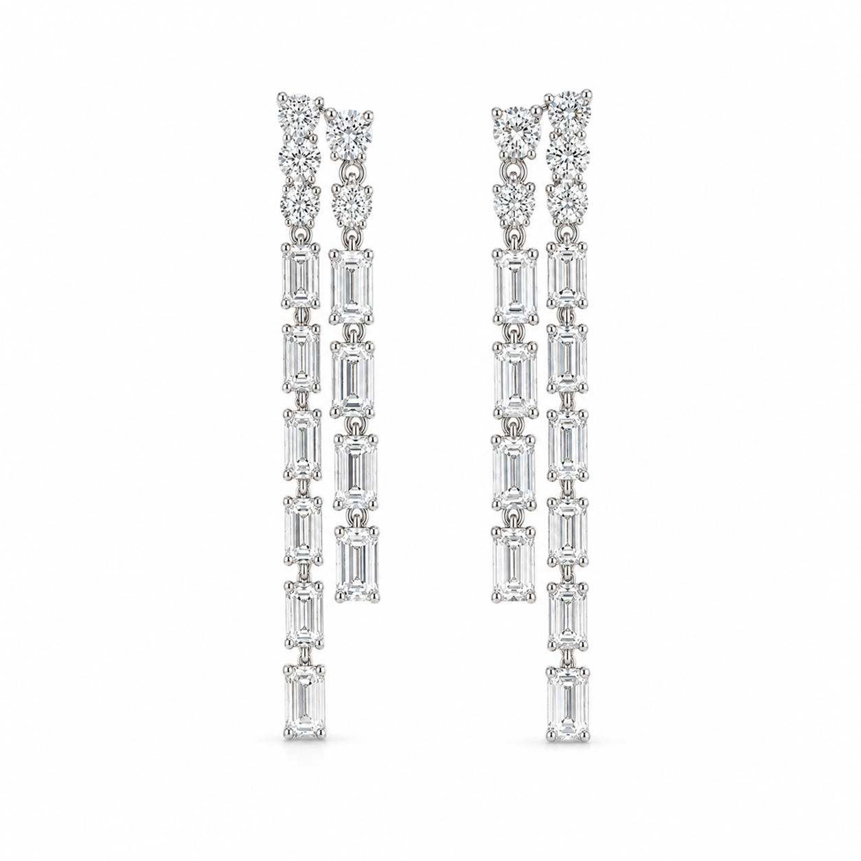 Cascading Emerald Cut Diamond Linear Drop Earrings