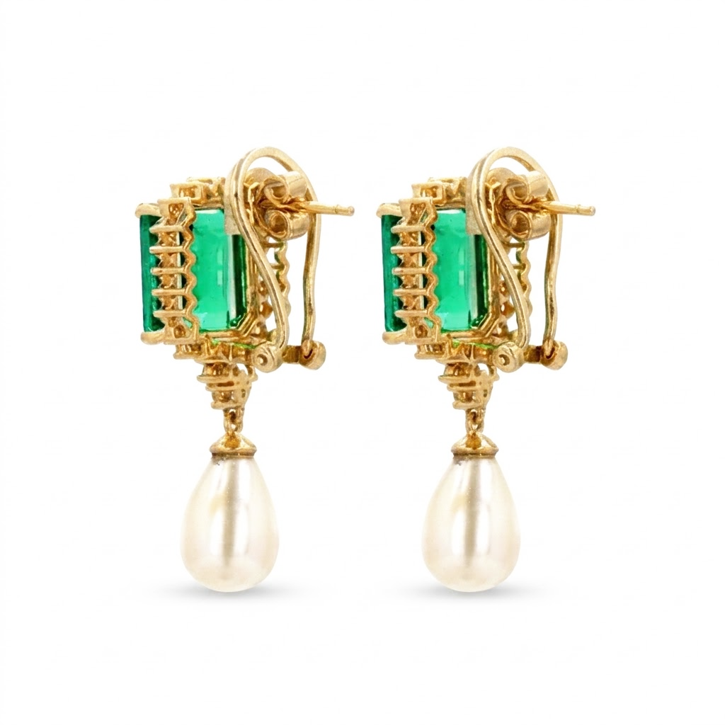 Empress Emerald Cut Green Gemstone and Pearl Diamond Drop Earrings