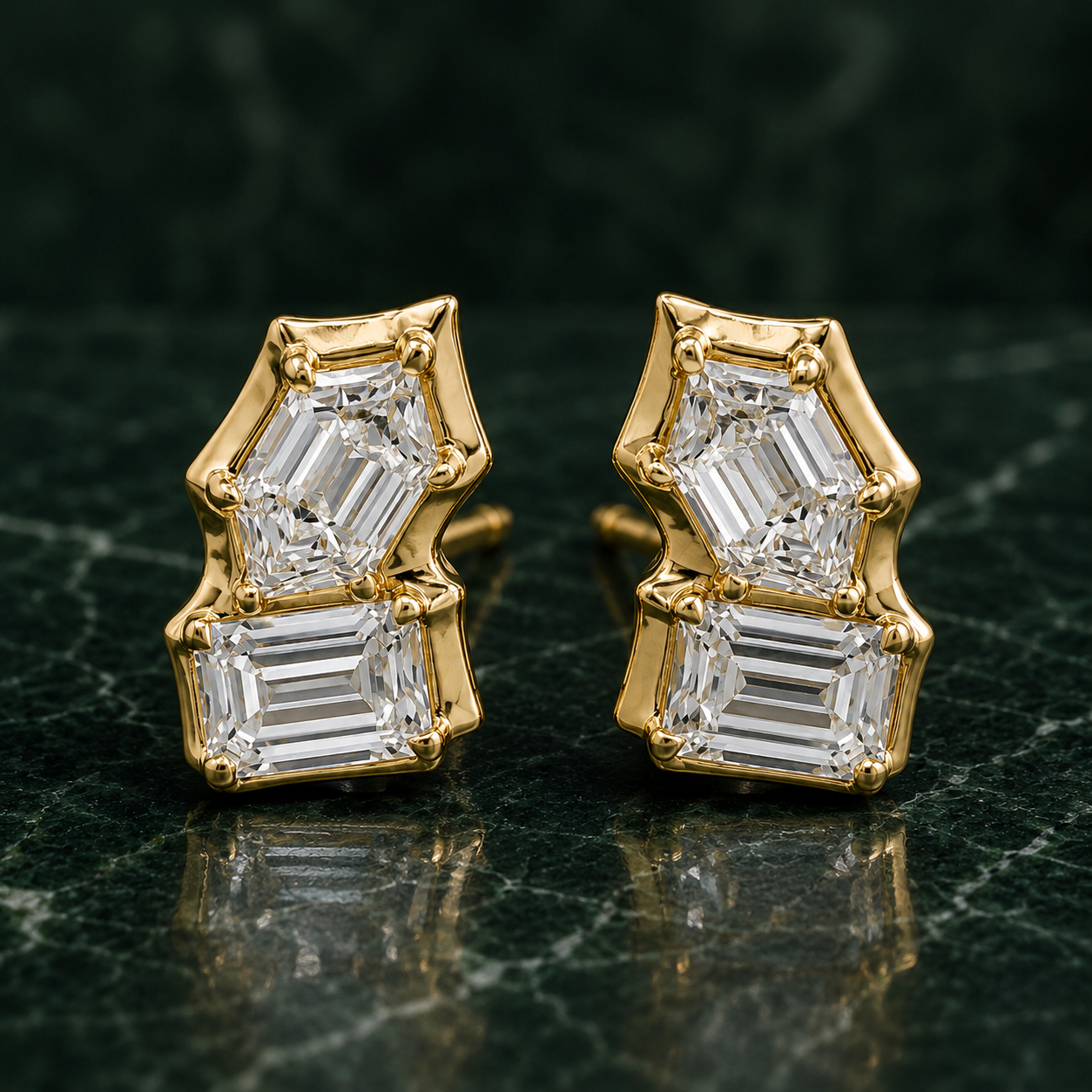 Toi et Moi Bezel Emerald Hexagon Eco Diamonds Earrings
