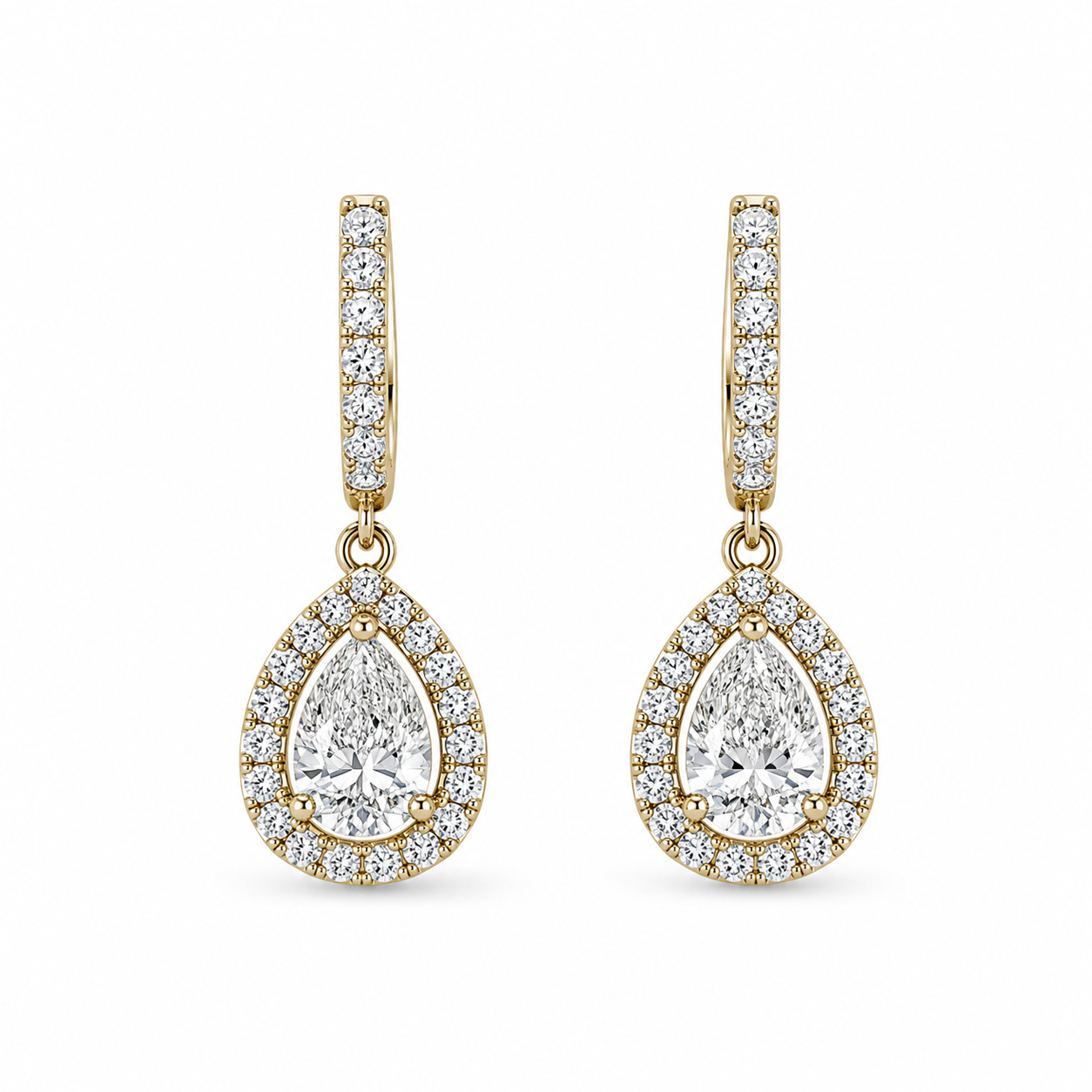 Pear-Shaped Diamond Halo Drop Earrings in Yellow Gold