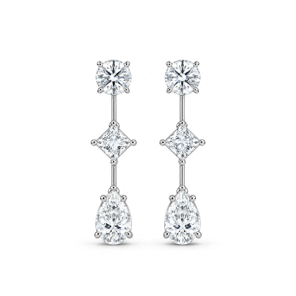 Trio Round, Princess and Pear Shaped Diamond Drop Earrings