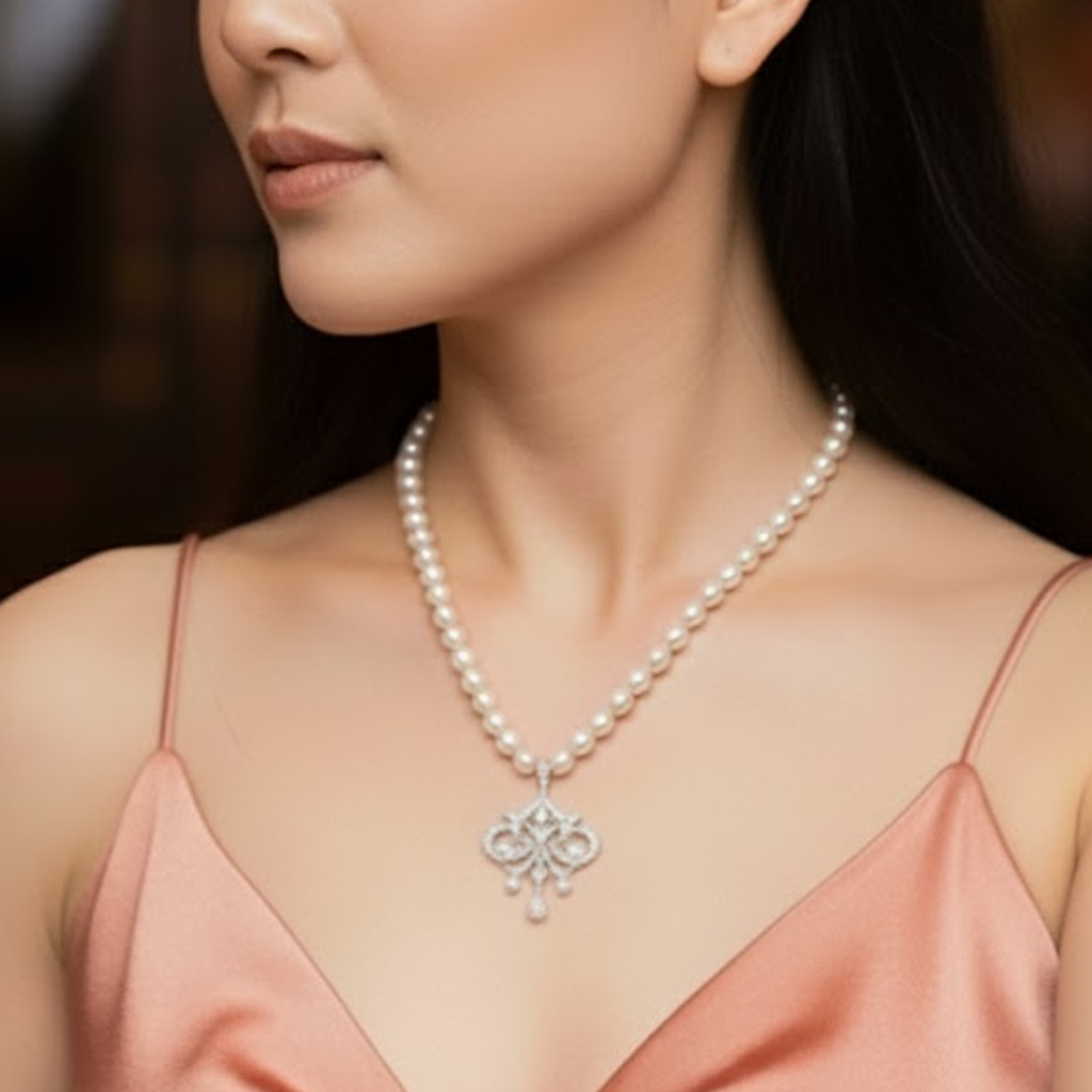 Art Nouveau Diamond Drop Pearl Necklace