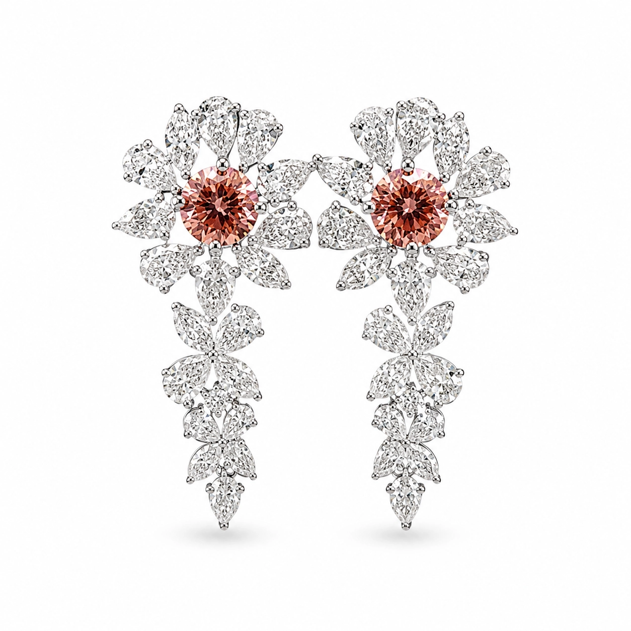 Camelia Pink Diamond Center Cluster Flower Drop Earrings