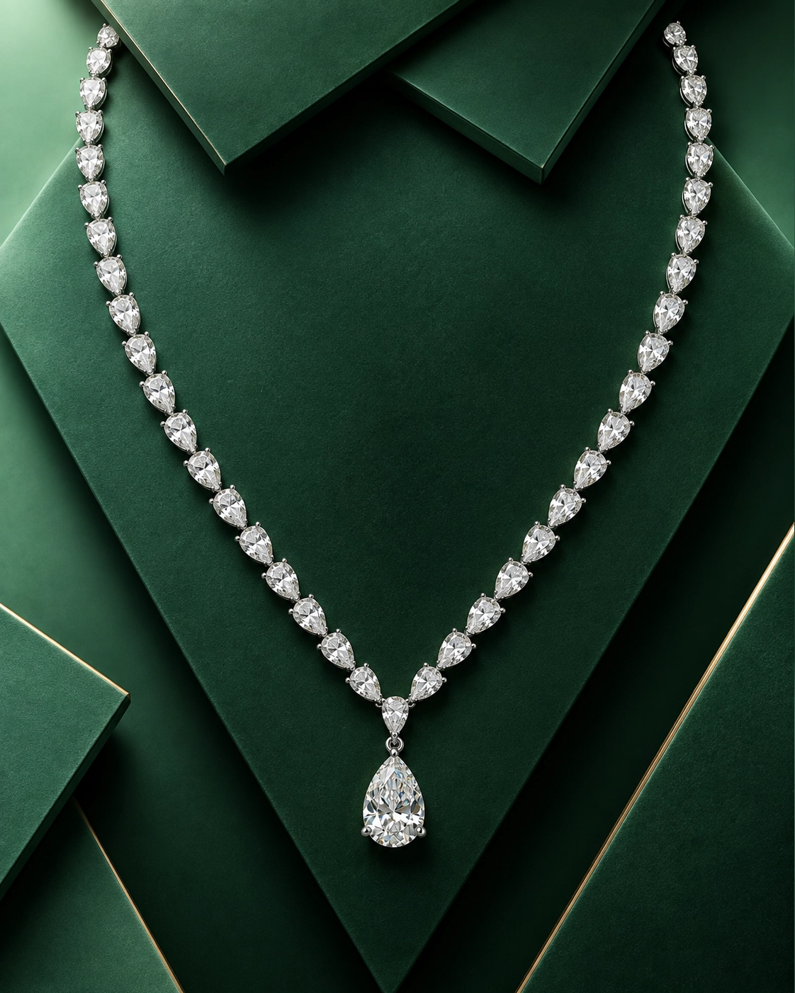 Valerie V Shaped Diamond Tennis Necklace with Tear Drop Pendant