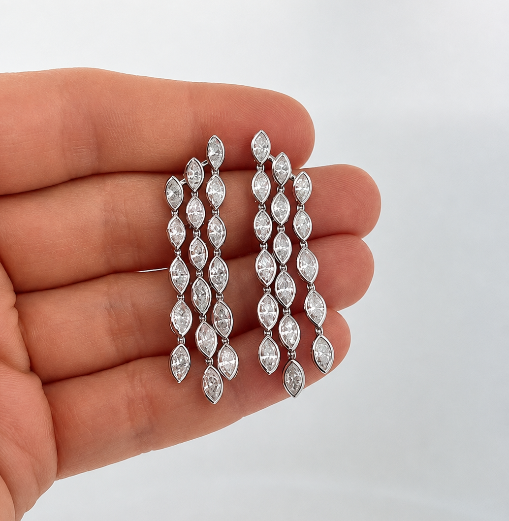 Triple Row Cascading Marquise Diamond Drop Earrings