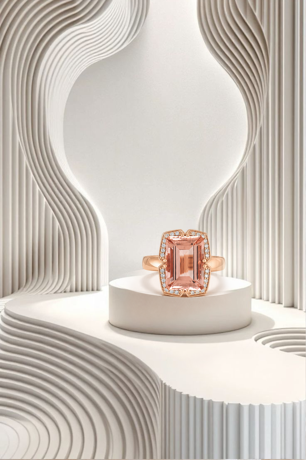 Emerald Shaped Morganite and Diamonds Cocktail Ring