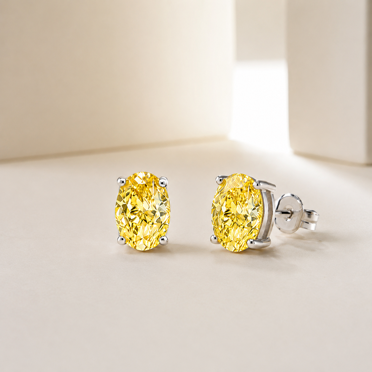 Canary Yellow Oval Shape Eco Diamond Stud Earrings